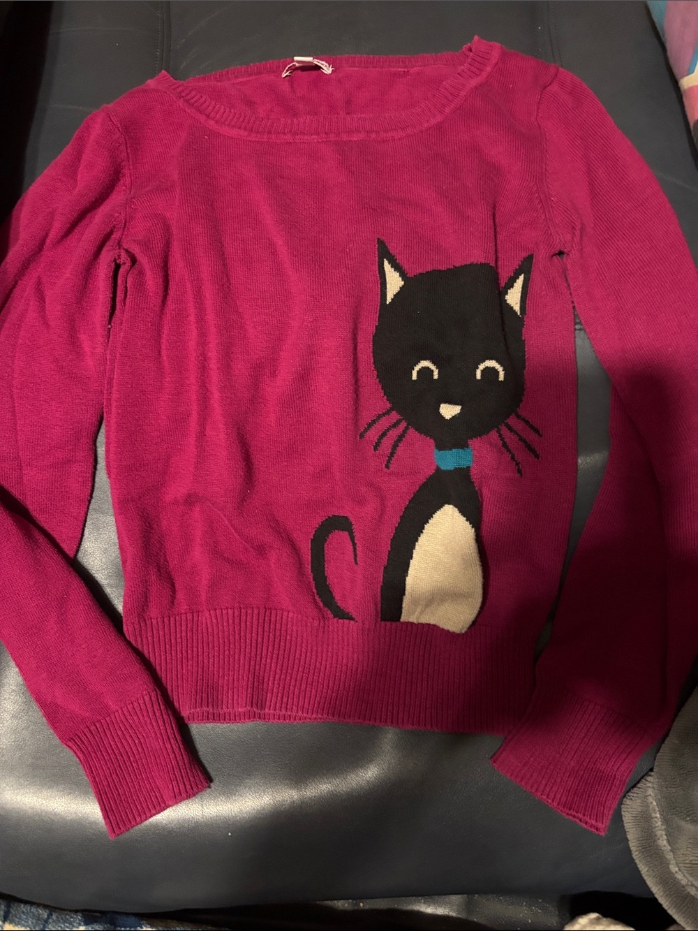 BONGO Fuchsia Scoop-Neck Sweater with Black Cat Graphic